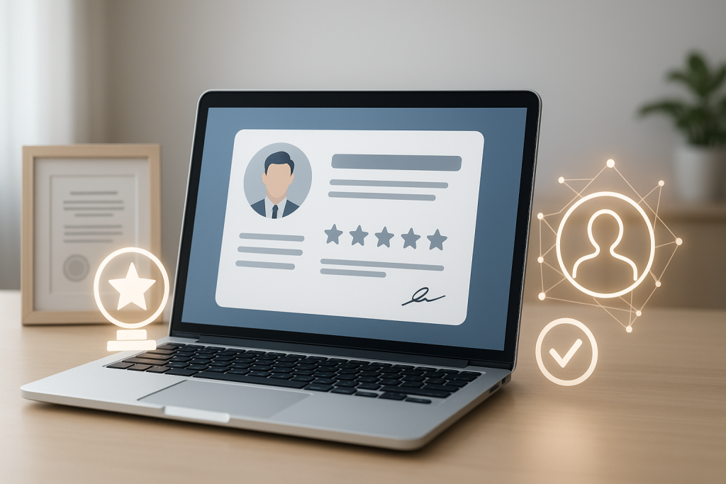 A laptop showing a digital profile and reference in a modern workspace, symbolizing trust and career growth.