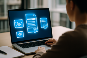 A student using a laptop to create digital recommendation letters for college applications.