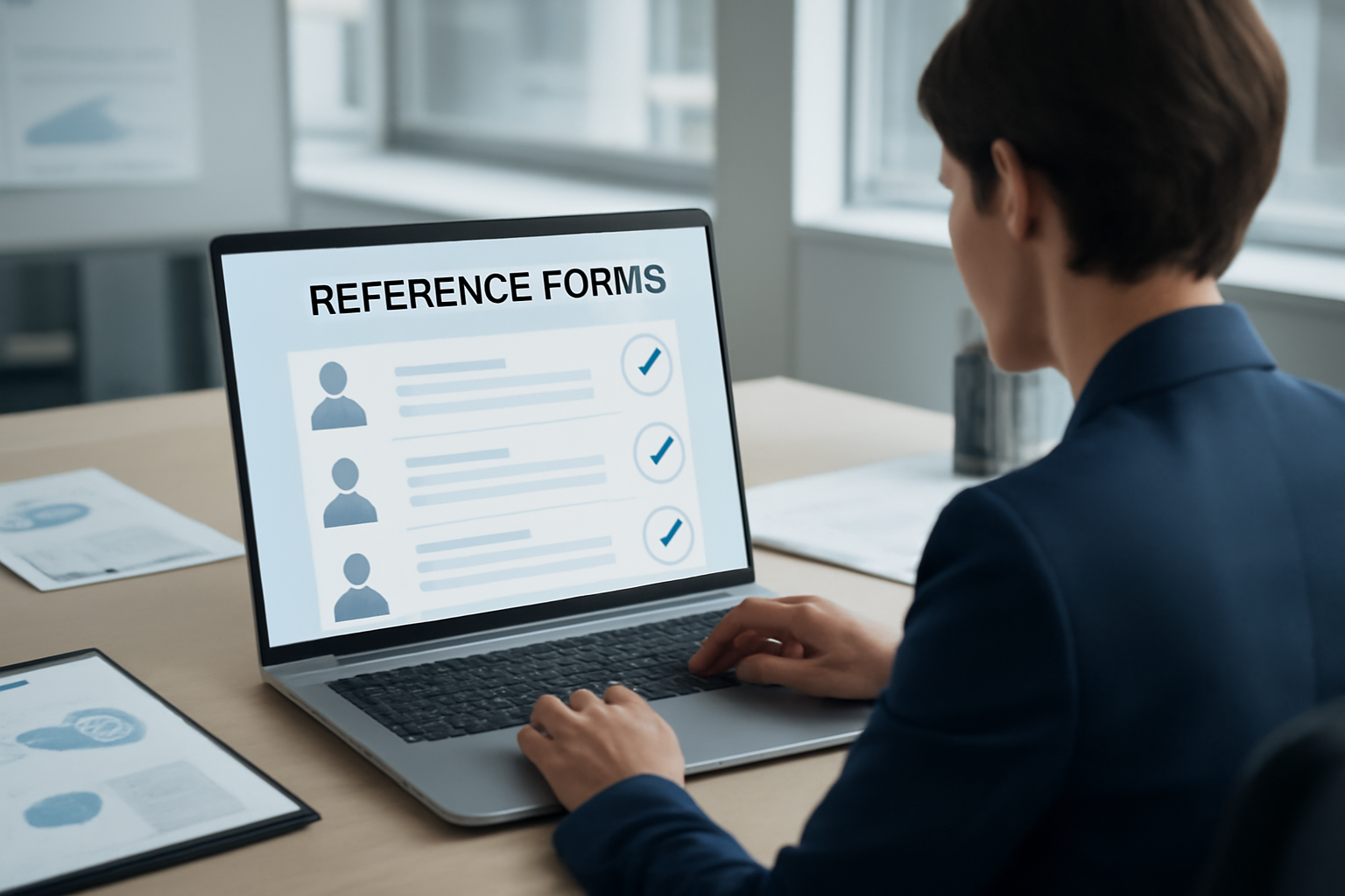 HR professional reviewing digital recommendation letters forms on a laptop, representing HR best practices for collecting references