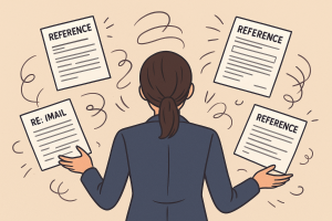 HR best practices for collecting references — illustration of an HR professional from behind juggling multiple reference emails and forms, representing the challenges of manual reference collection.