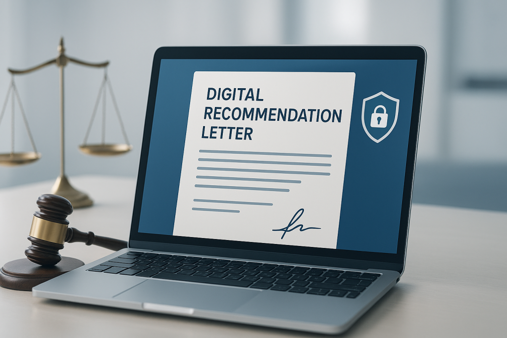 Digital recommendation letter on a laptop with legal icon and representing legal aspects of digital recommendation letters