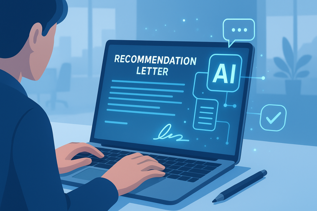 Professional illustration of AI tools for writing recommendation letters, showing a person using a laptop with glowing digital text, AI icons, and electronic signature visuals in a blue and white modern office setting.