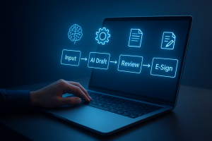 Realistic digital concept image of the AI writing workflow for recommendation letters,