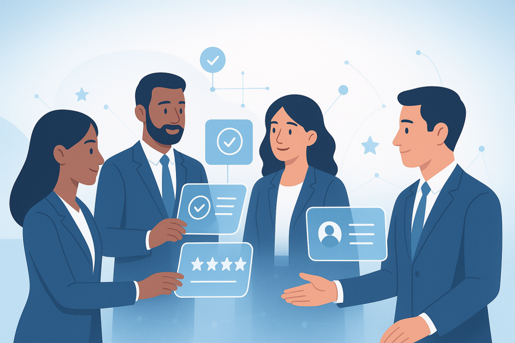 Digital illustration of diverse business professionals exchanging verified online recommendations through futuristic holographic screens, symbolizing trust, collaboration, and technology in Recommendations in B2B Marketing.