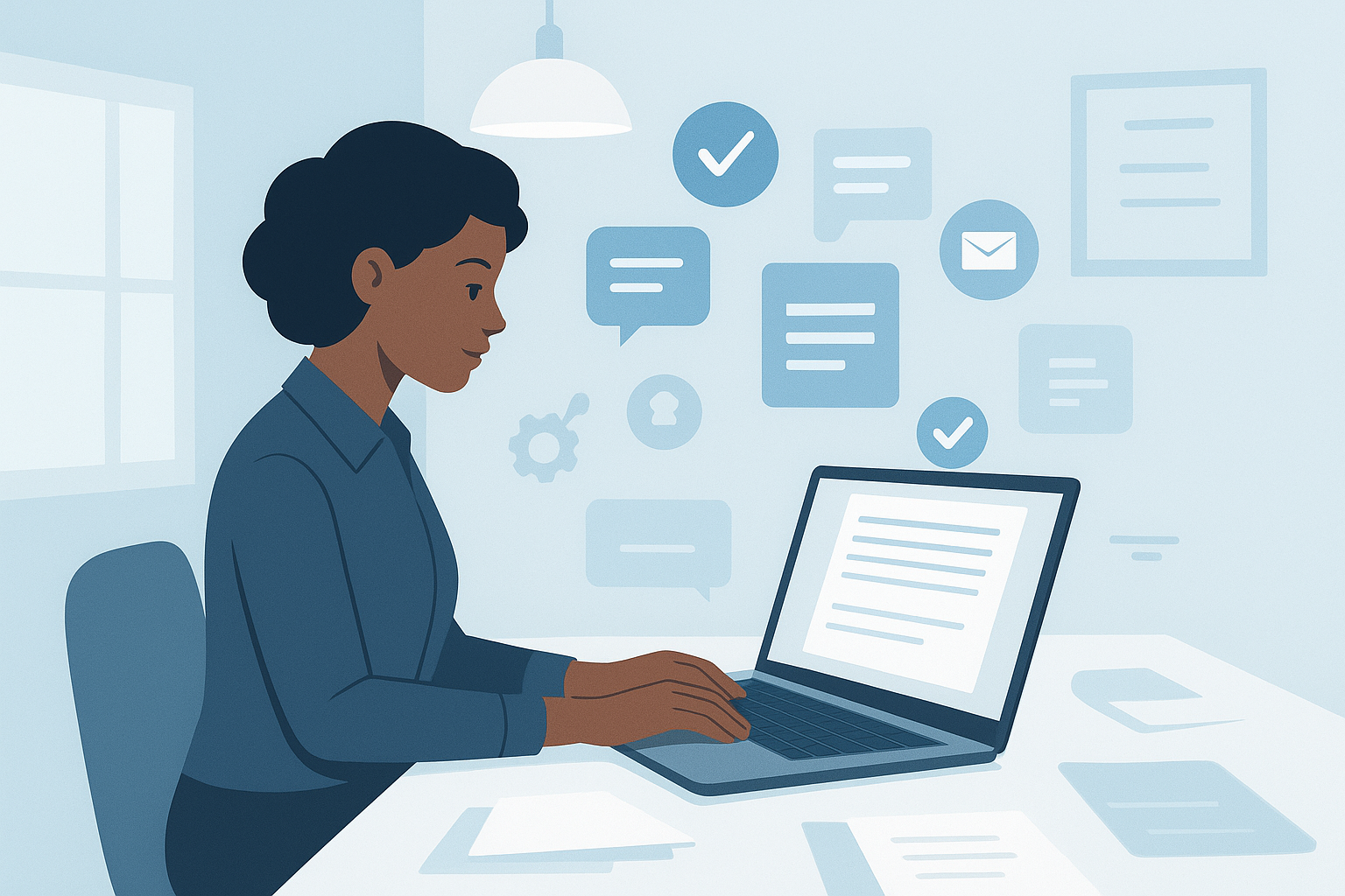 Illustration of a person typing a professional recommendation letter on a laptop, with soft lighting and digital grammar icons, symbolizing trust and professionalism.