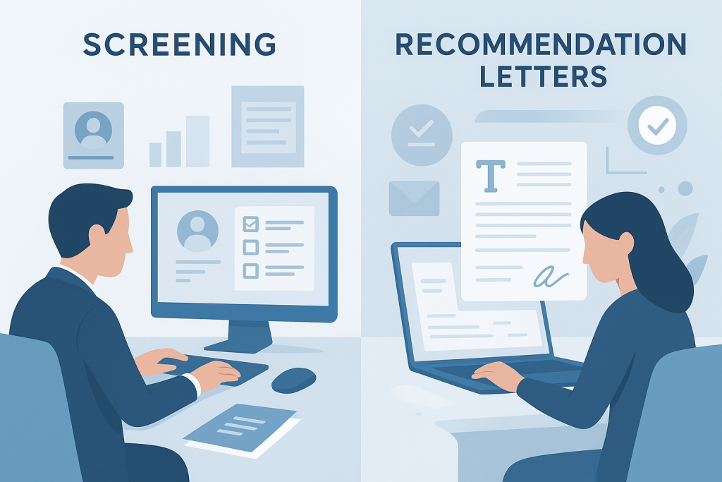A realistic photo of a professional working at a clean desk, typing on a laptop with documents beside them, symbolizing screening vs recommendation processes.