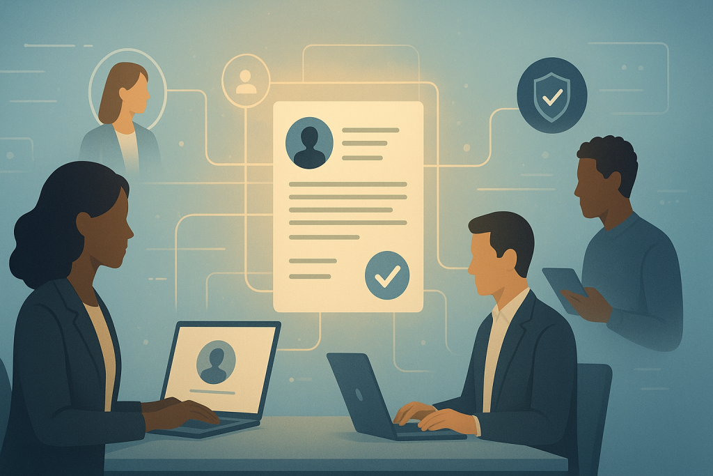 Diverse remote professionals connected by glowing digital lines and verified recommendation letters, symbolizing trusted recommendations