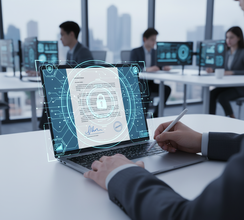 Professional in a modern 2025 office signing a digital document on a laptop, symbolizing e-signatures and digital trust in secure online workflows.