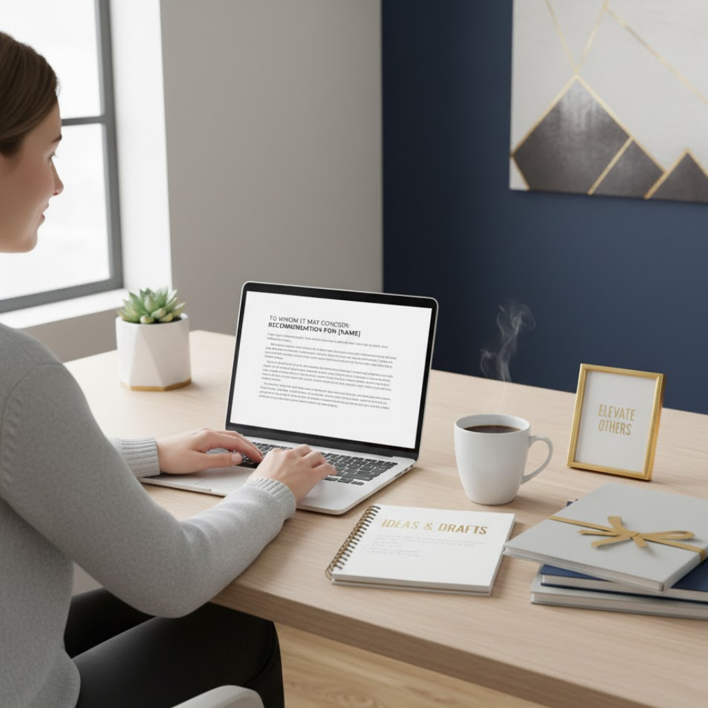 Person writing a professional recommendation letter on laptop.