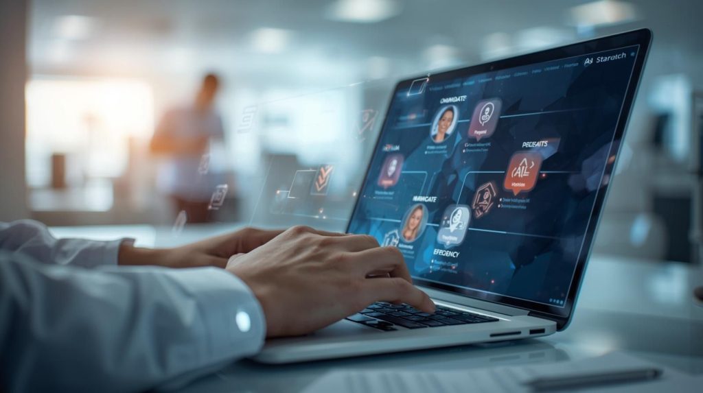 A healthcare recruiter in a modern hospital office reviewing digital candidate profiles on a laptop with AI screening visuals and verified recommendation badges, representing the integration of technology and trust in healthcare hiring.