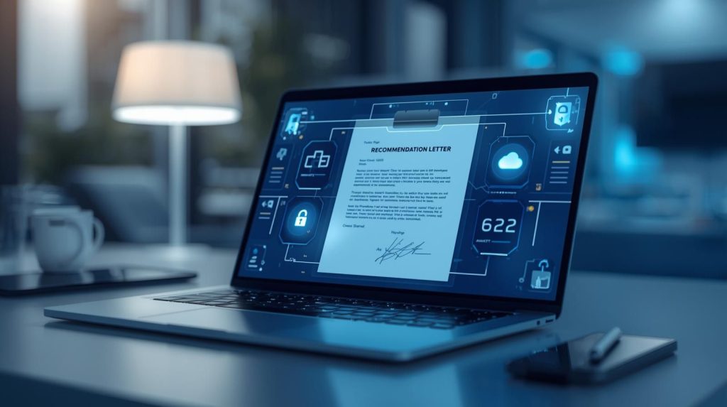 Digital recommendation letters displayed on a laptop with e-signature and security icons representing modern online verification.