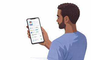 Freelancer holding a smartphone to showcase freelance experience online with a mobile professional profile, verified references, and work history timeline