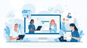 Centralized recommendation management system showing professionals from healthcare accessing secure, verified digital recommendation letters via cloud-based platforms on laptops and mobile devices.