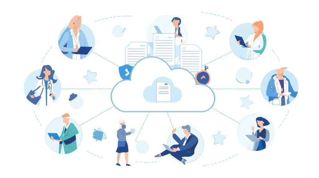 Centralized recommendation management system displaying secure digital recommendation letters connected to healthcare workers, HR professionals, students, and freelancers across cloud-based platforms.