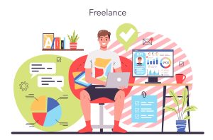 Illustration of a freelancer using a digital dashboard and laptop to showcase freelance experience online with verified work and performance data