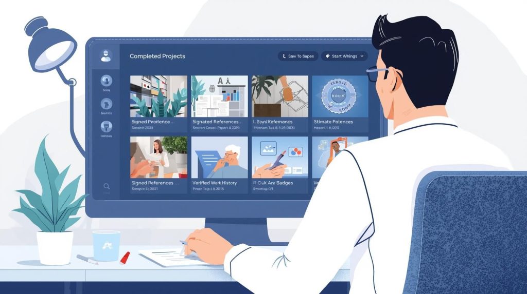 Modern illustration of a freelancer using a smartphone to showcase freelance experience online through a professional profile with verified references and work history timelines